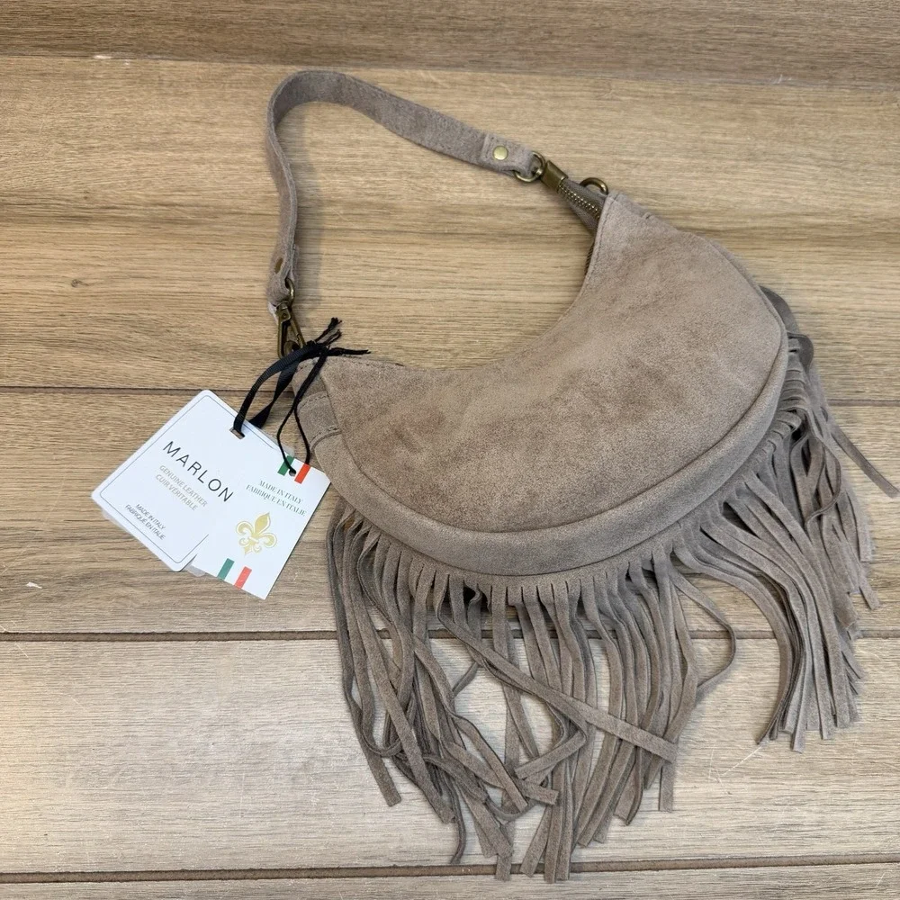 Marlon Firenze Italy Taupe Suede Crescent Shoulder Crossbody Bag Fringe Boho